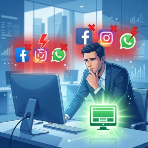 Empresário olhando preocupado para tela com logos Meta com erro vermelho, enquanto site próprio brilha em verde, ilustrando independência digital